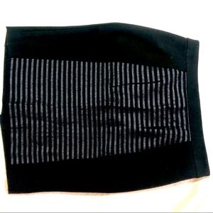 Halogen black pencil skirt, Sz 10, front striped panel silvery grey, fully lined